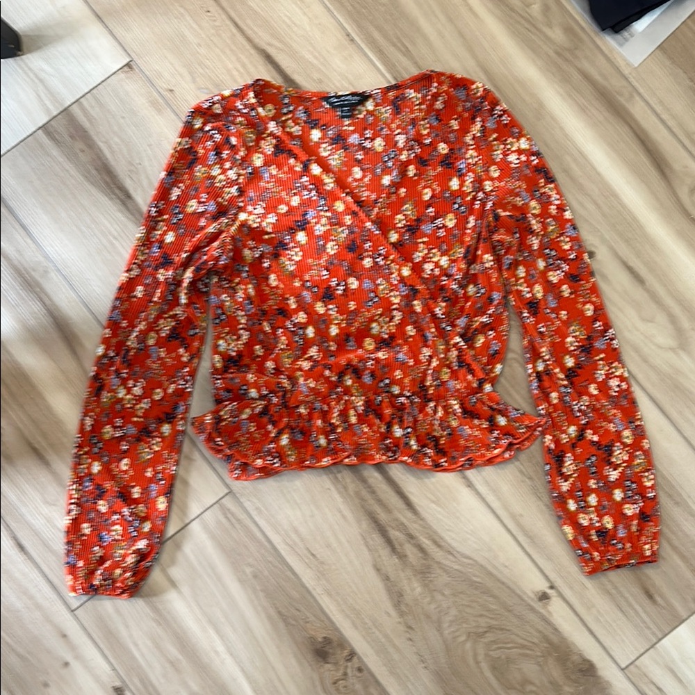 Miss Selfridge Orange floral silky wrinkle free Wrap Blouse